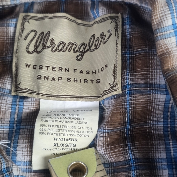 Wrangler Pearl Snap Button Up Short Sleeve Western Plaid Shirt Brown Blue - Picture 4 of 7